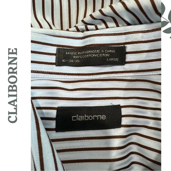 🛍️3/$40 CLAIBORNE Men’s Striped Dress Shirt Classic Blue Brown - Size 16 - Picture 5 of 7
